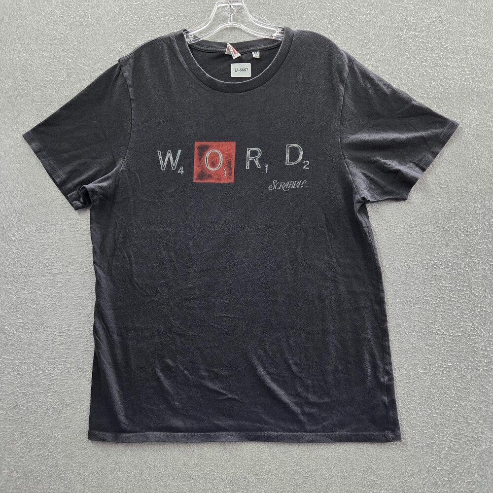 VINTAGE Scrabble Men Shirt M Black Logo Word Junk Food Y2K Tee